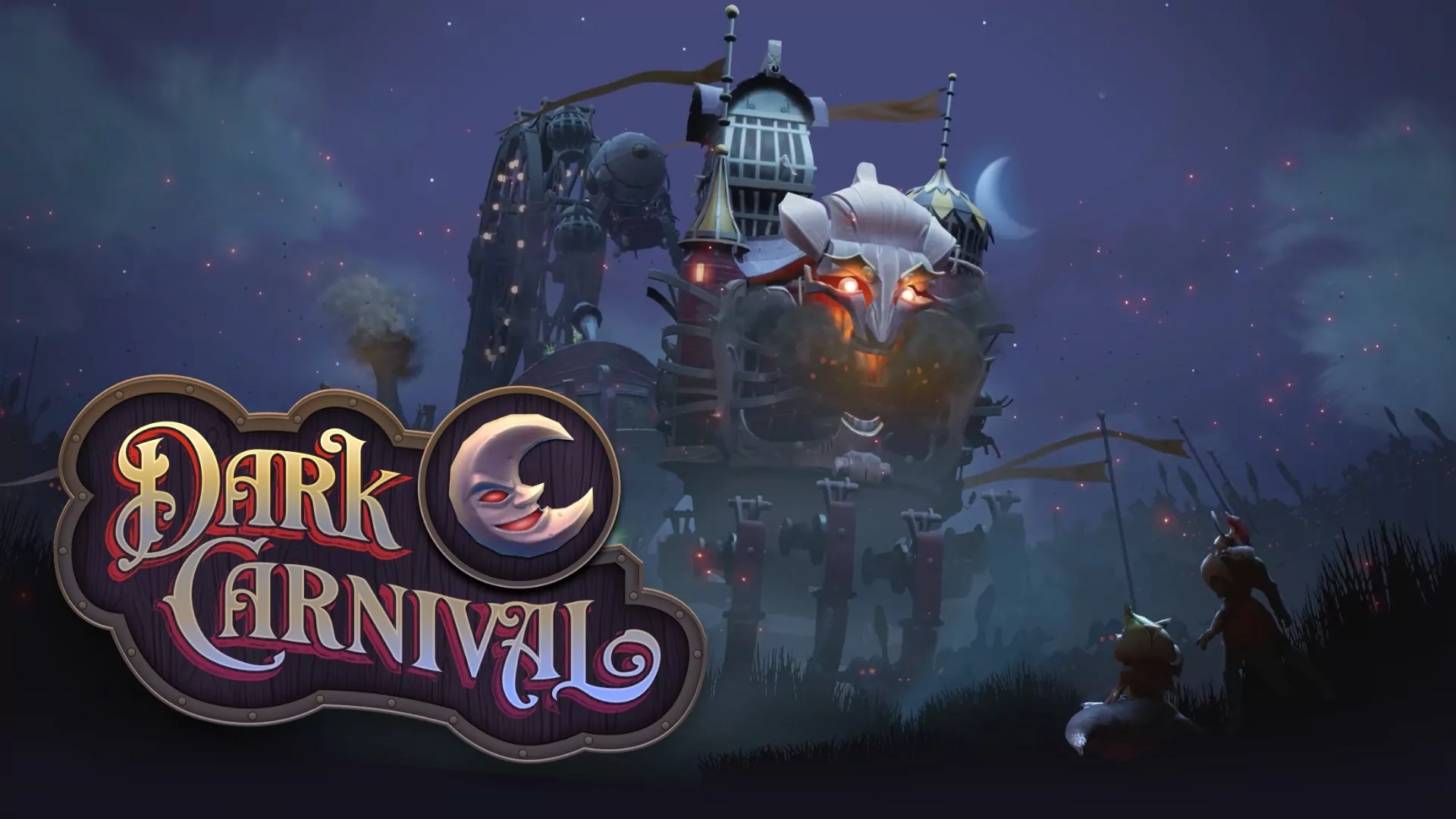 Ảnh quảng bá Dark Carnival với logo sự kiện và cỗ máy của Ringmaster